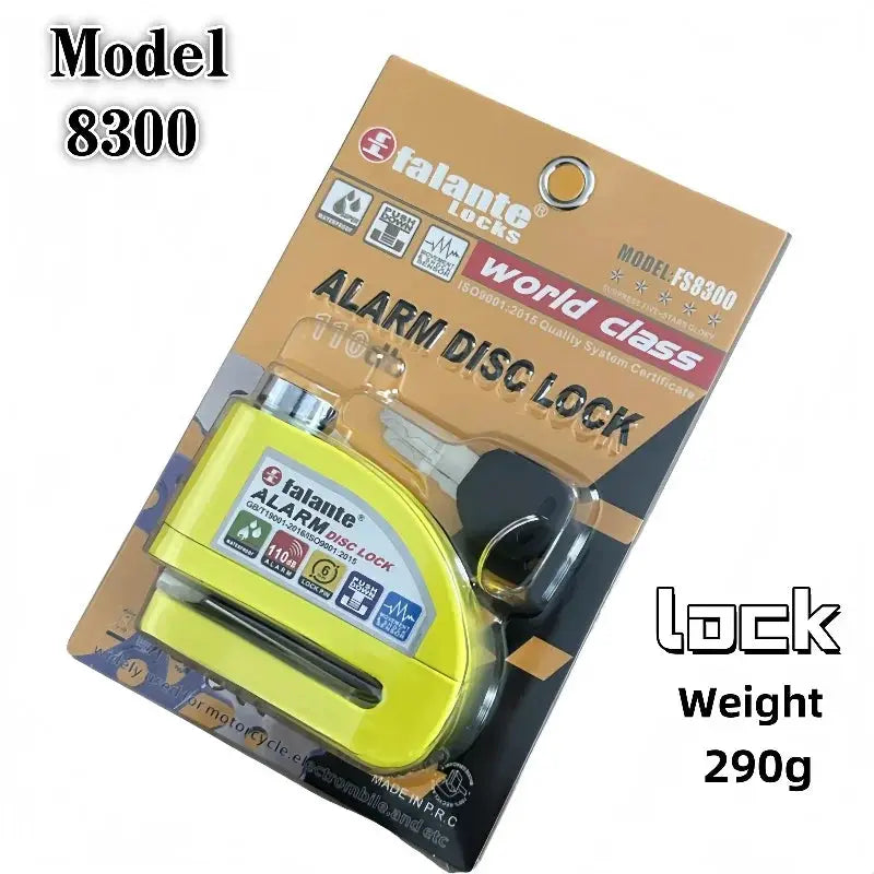 Falante alarm disc lock, yellow aluminum alloy body, 290g weight, with key.