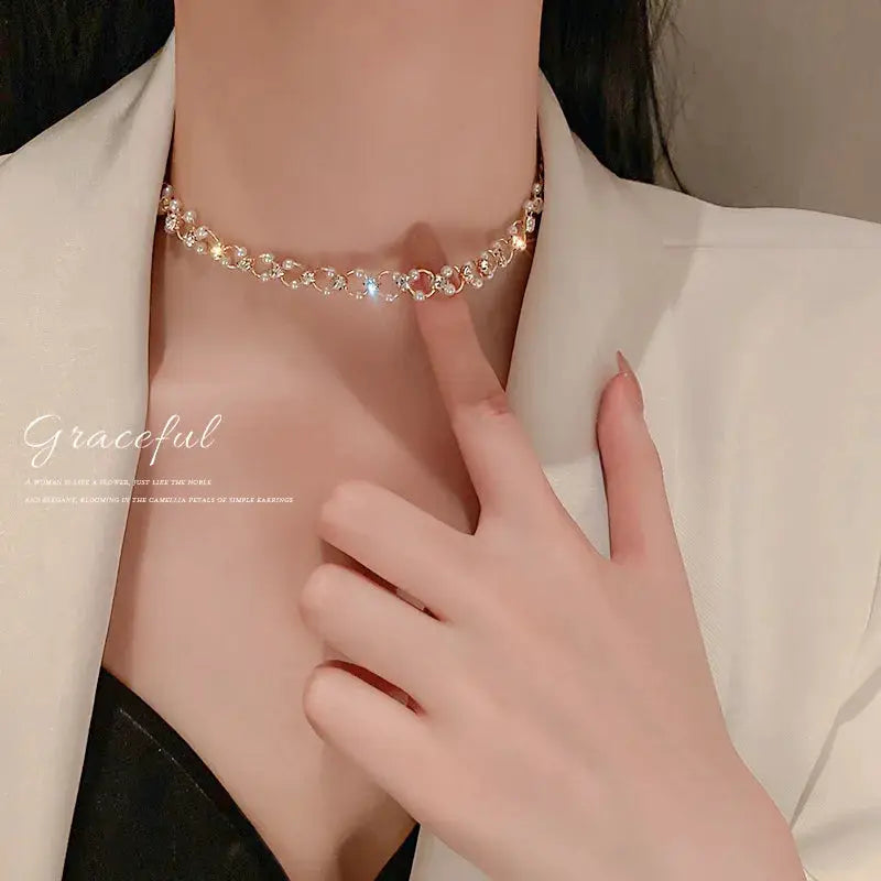 Beads choker necklace, gold color with clear crystal beads, women's fashion jewelry
