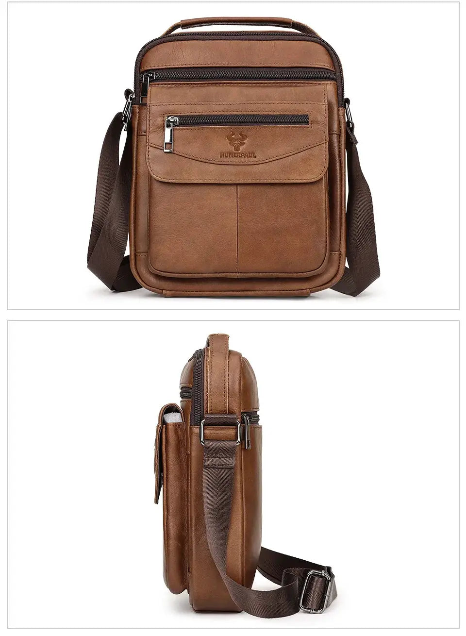 HUMERPAUL genuine leather small messenger bag for men, brown crossbody with front zip pocket