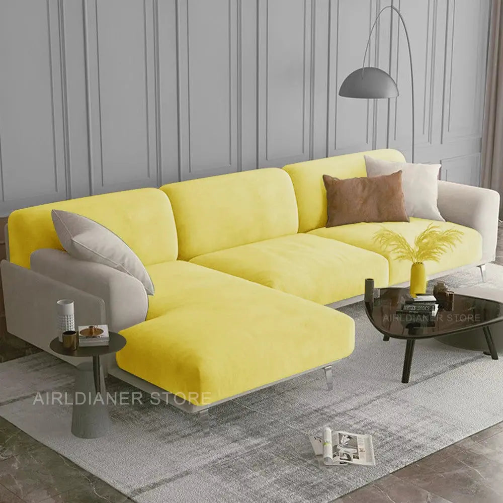 Sofa seat cover by Simples Market in bright yellow velvet; elastic for sectional sofa cushions