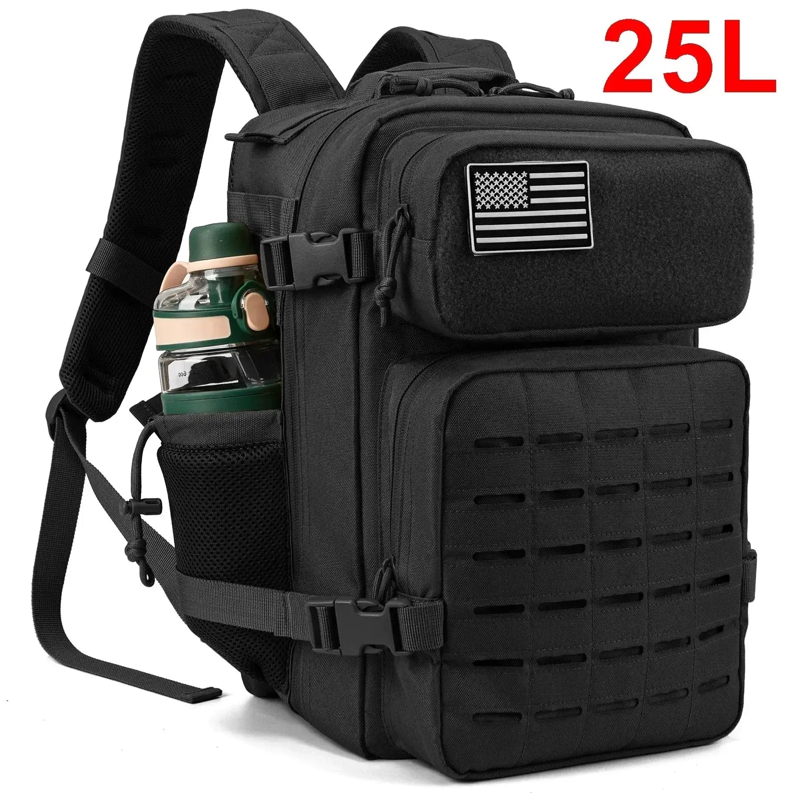 25L black tactical backpack with water bottle holder and MOLLE webbing