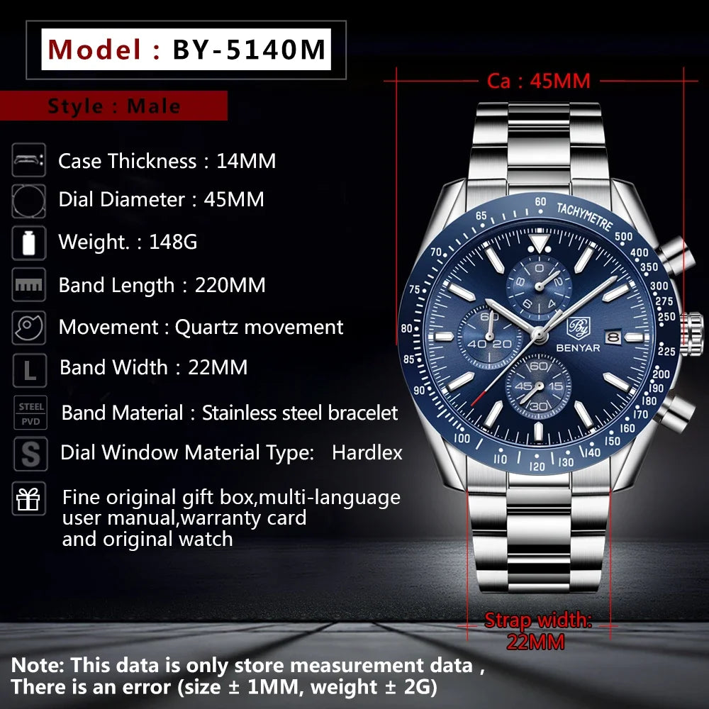 Men's BENYAR BY-5140M stainless steel chronograph watch, blue dial with tachymeter, metal bracelet.