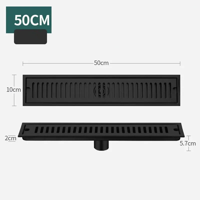 Rectangular bathroom floor drain in black stainless steel 304, 50cm long, anti-odor, large capacity