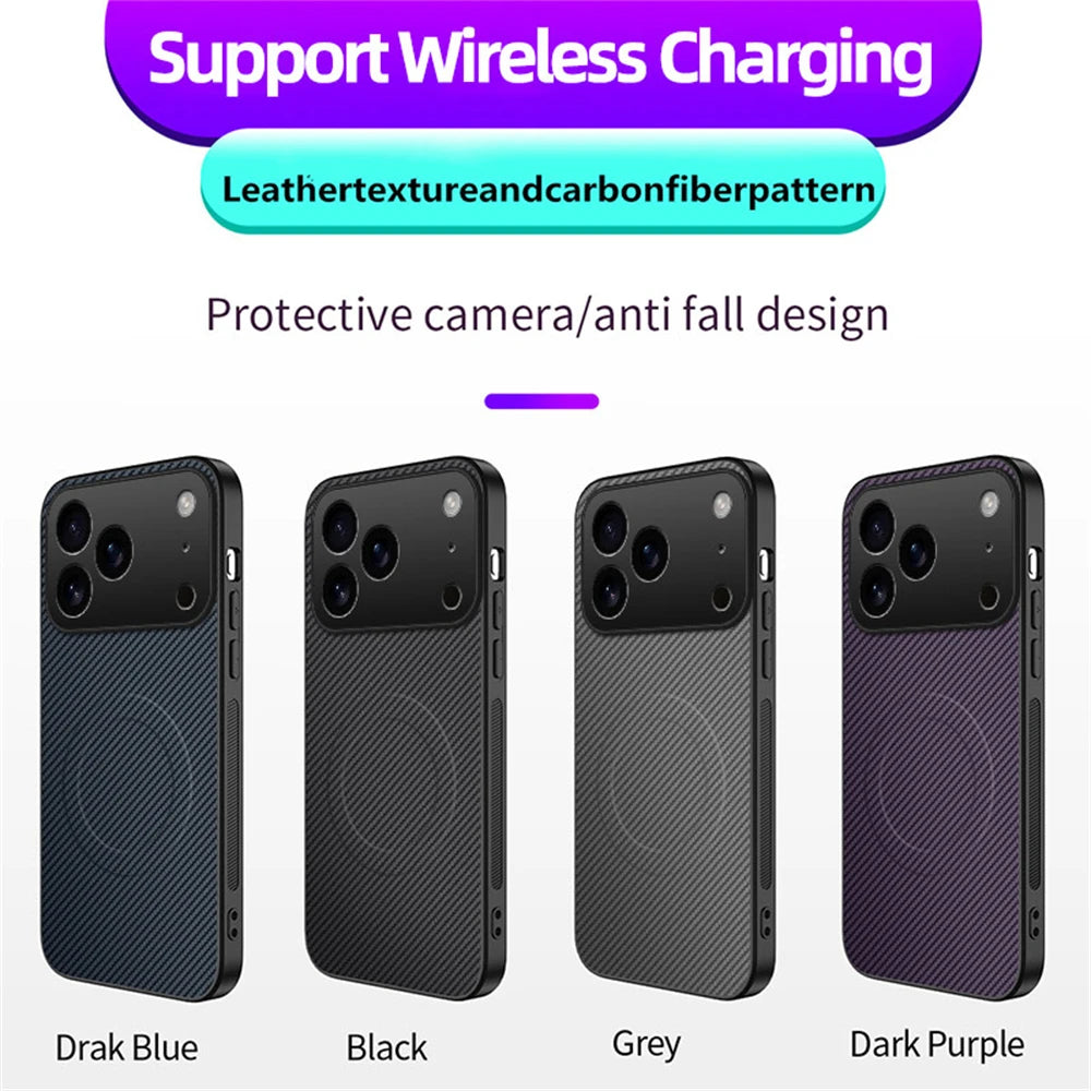 Simples Market ultra-thin carbon fiber magnetic leather case with MagSafe; four colors: Dark Blue, Black, Grey, Purple