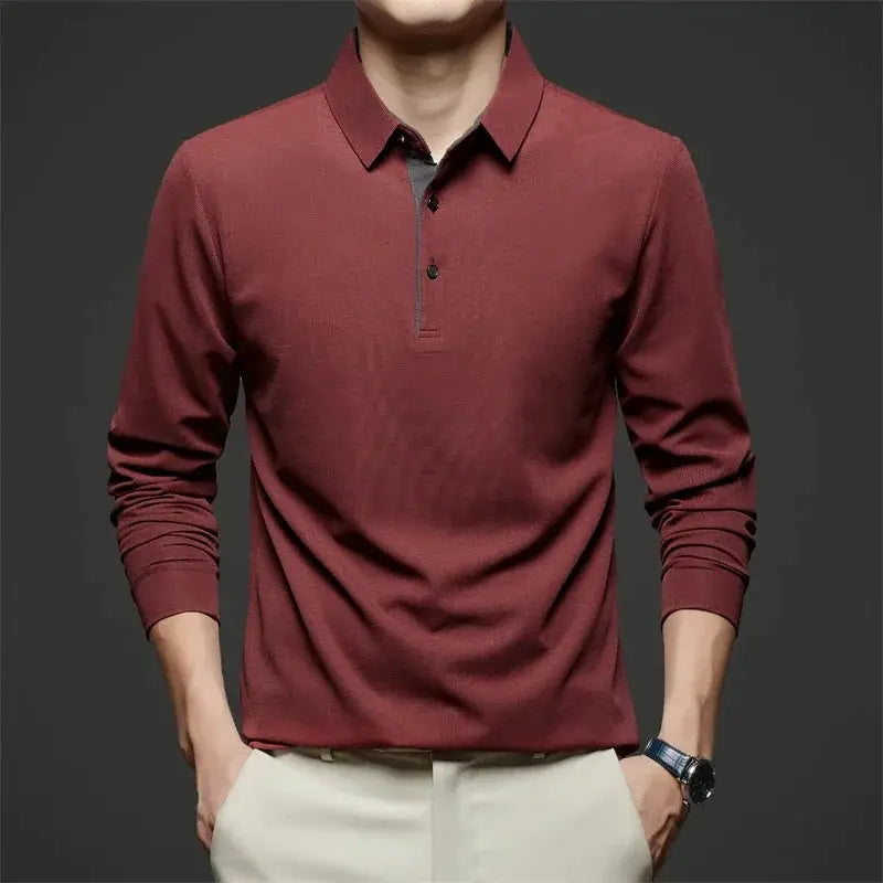 Men's maroon long-sleeve polo shirt, business-casual solid color with collar and placket