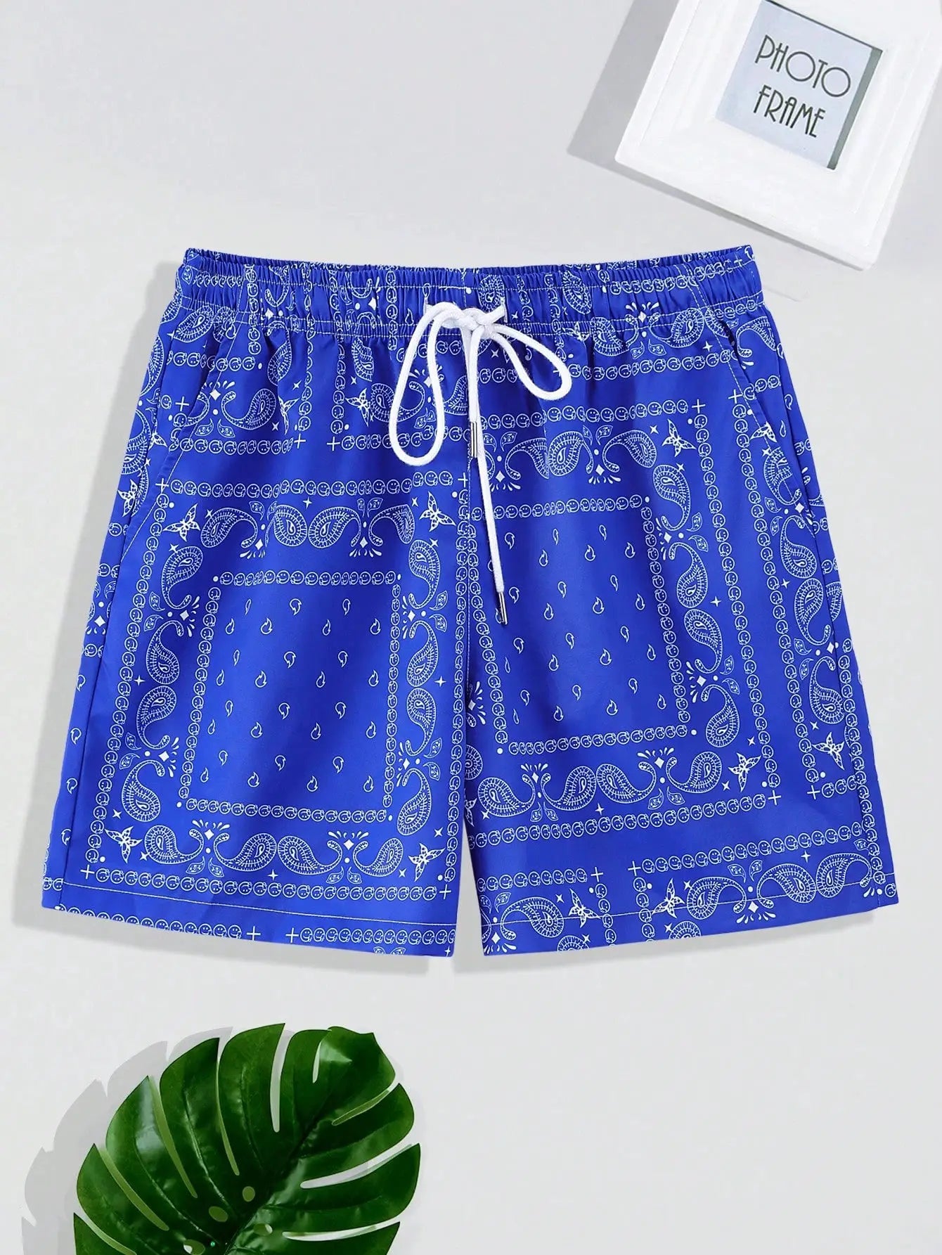 Trend Bandana Graphic Beach Short for Men by Simples Market, blue bandana-print swim shorts with white drawstring
