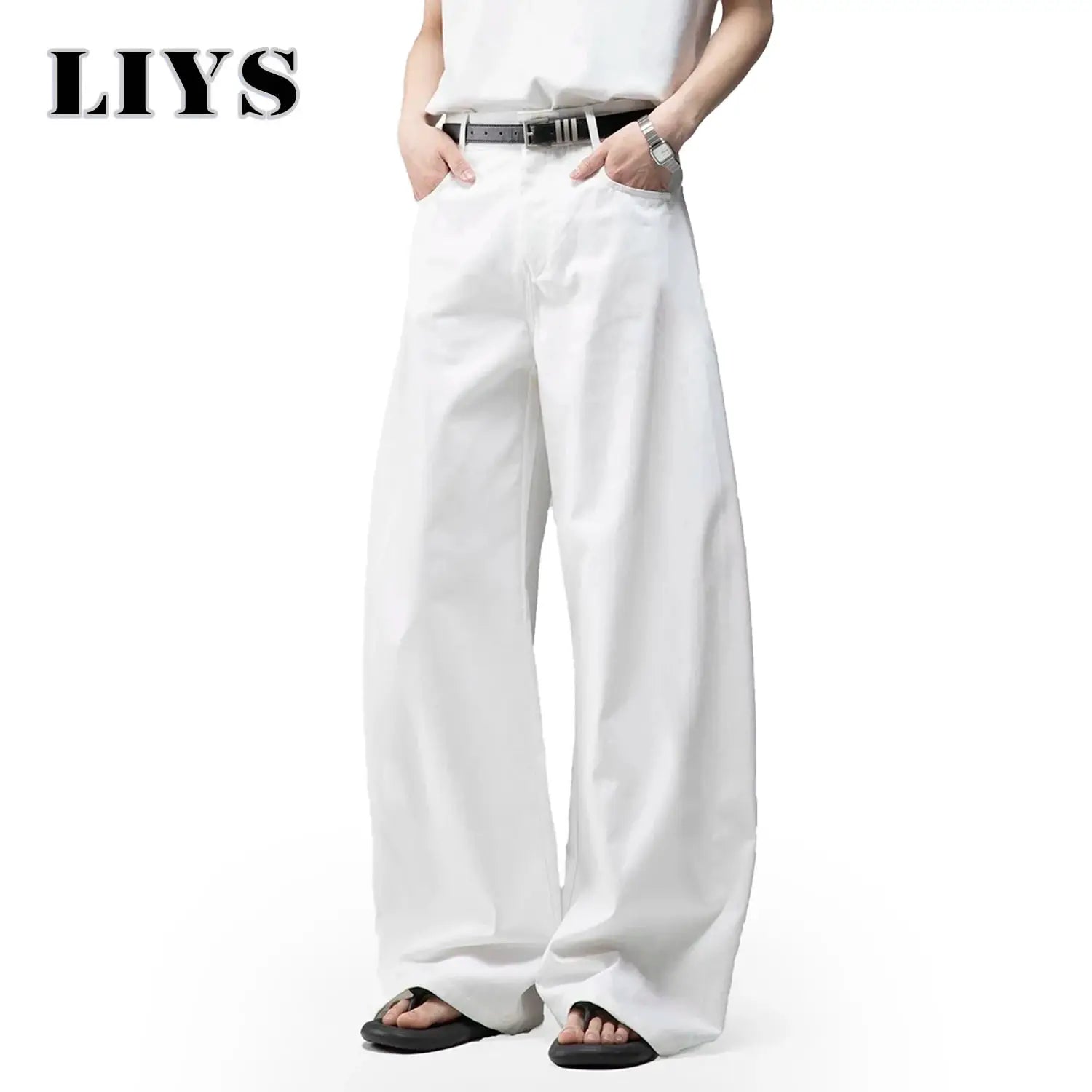 Men's white baggy wide-leg denim jeans with belt, LIYS logo visible