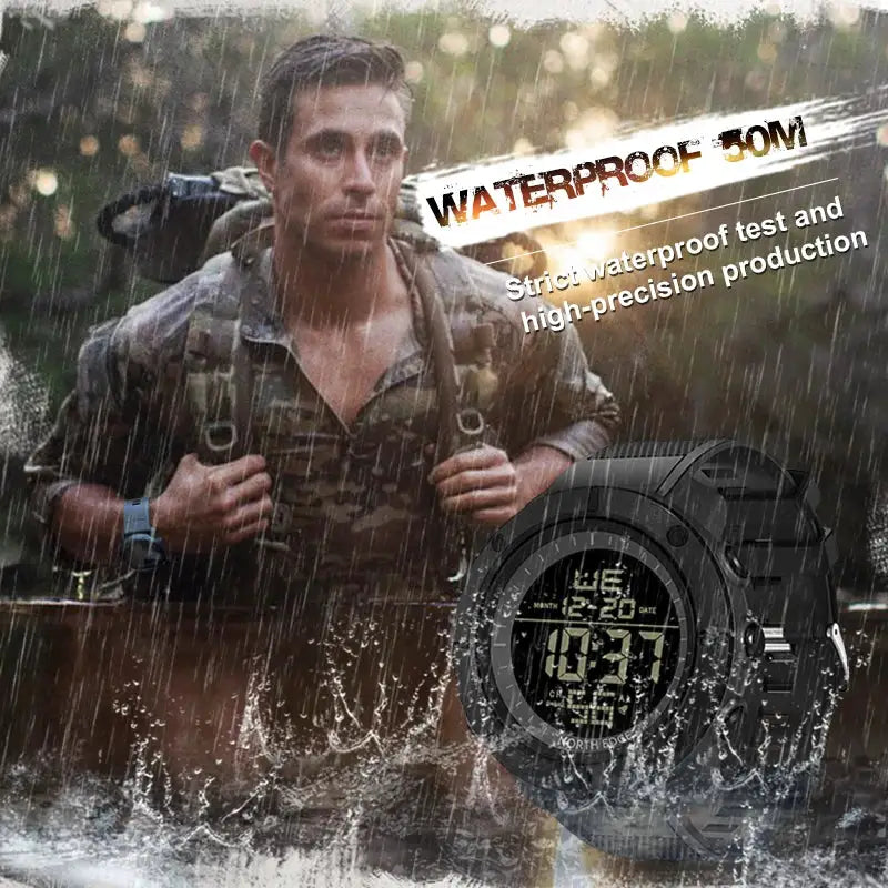 NORTH EDGE men's digital wristwatch, black rugged sport watch with world time, alarm and stopwatch, waterproof 50M.