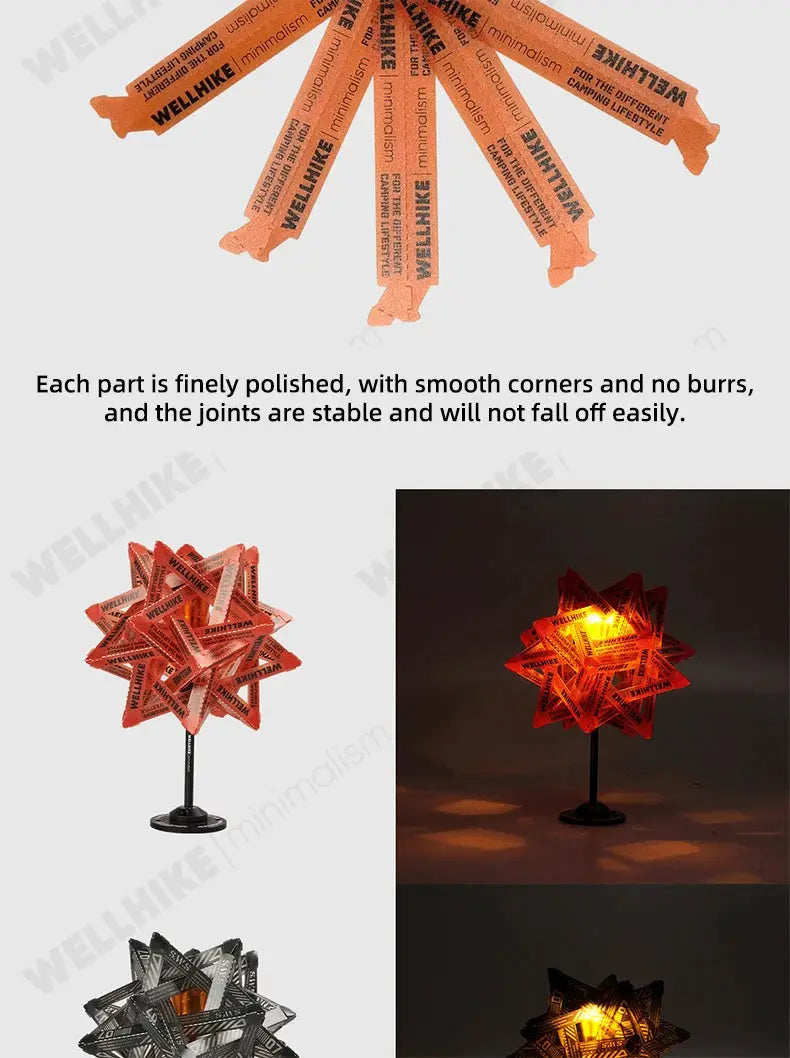 Simples Market WELLHIKE star camping lamp shade on a stand; two waterproof, wear-resistant lanterns in orange and gray.