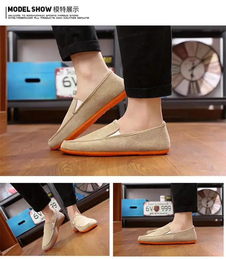 Pair of men's beige fabric loafers with orange sole, slip-on driving shoes
