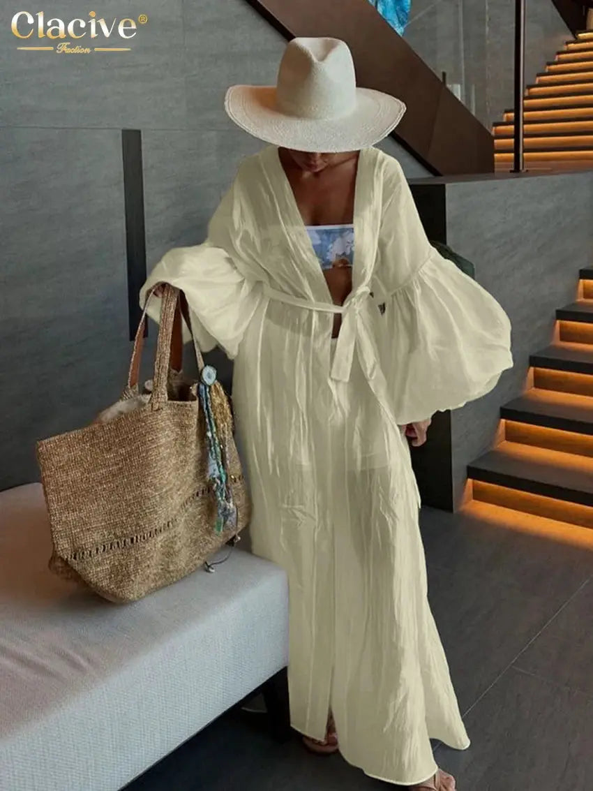 Clacive White 2 Piece Set Women Loose Long Sleeve Robe And Shorts