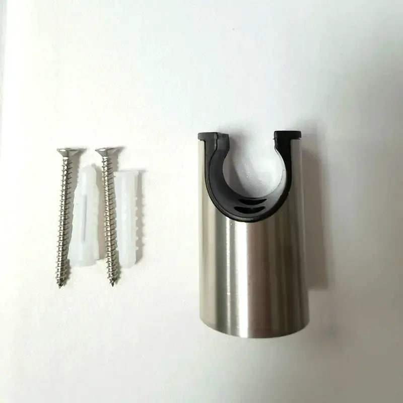 Bidet shower head holder by Simples Market; stainless steel body with black clip, plus screws and wall anchors