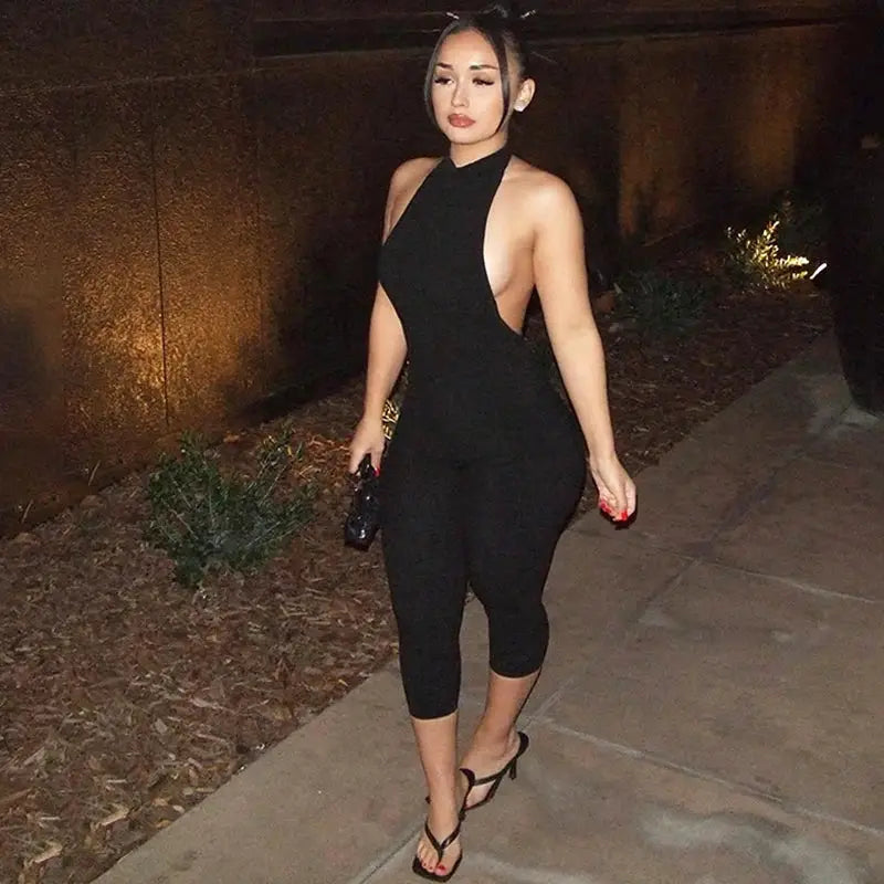 Hugcitar ribbed halter backless solid black bodycon jumpsuit for women by Simples Market