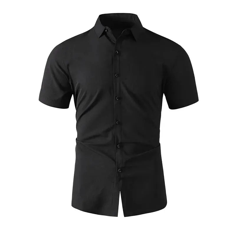Men's black short-sleeve business casual shirt, solid color, no-iron design