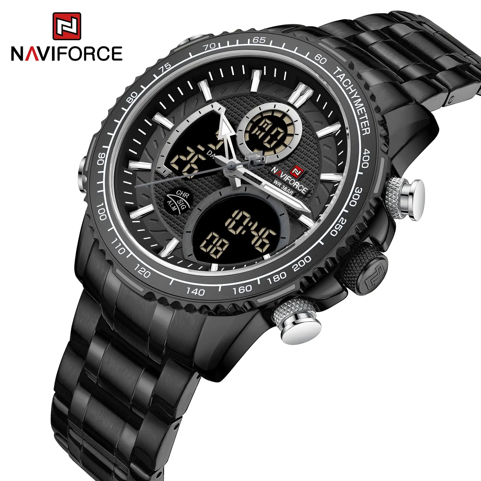 Naviforce men's black stainless steel sport watch with chronograph and tachymeter bezel