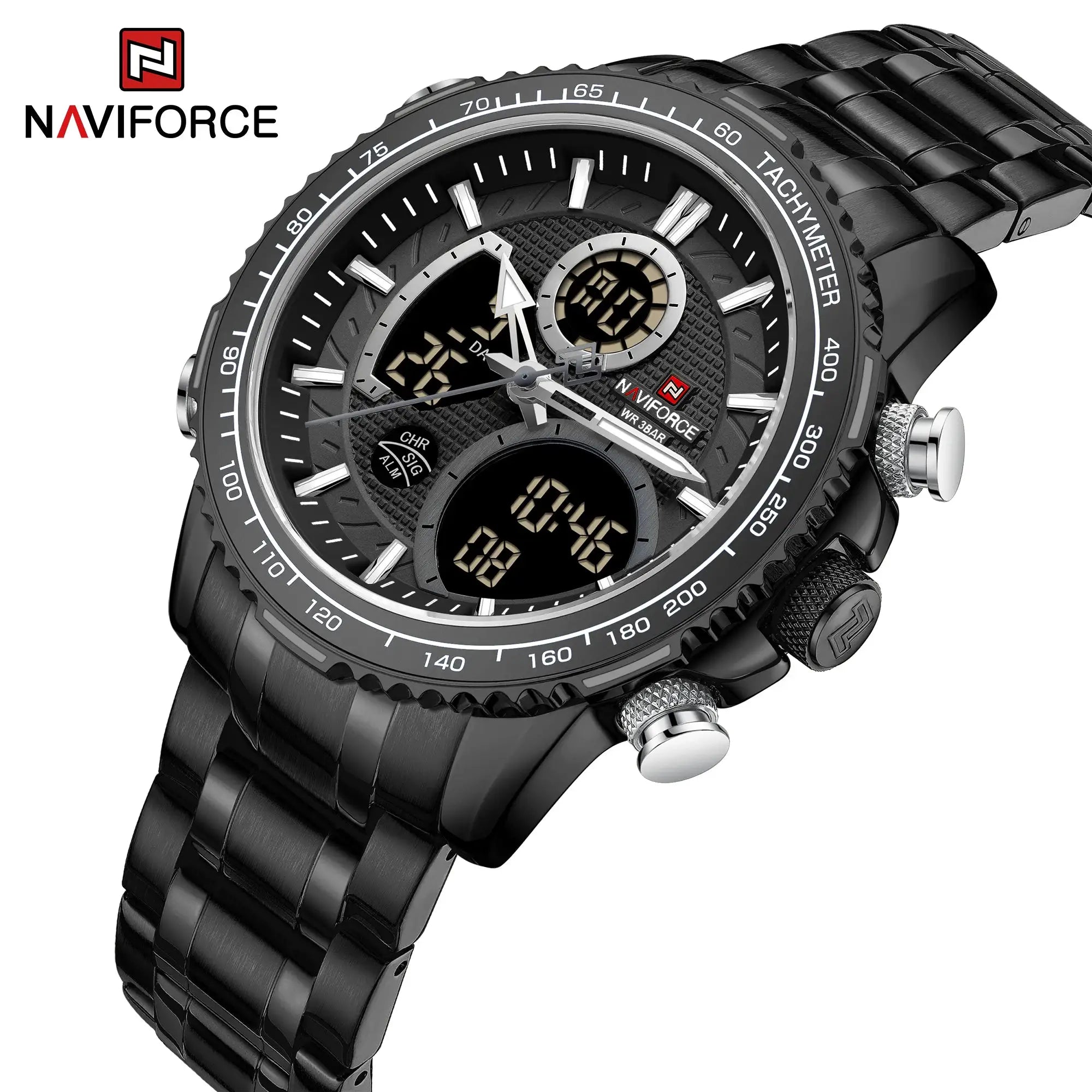 Naviforce men's black stainless steel sport watch with chronograph and tachymeter bezel