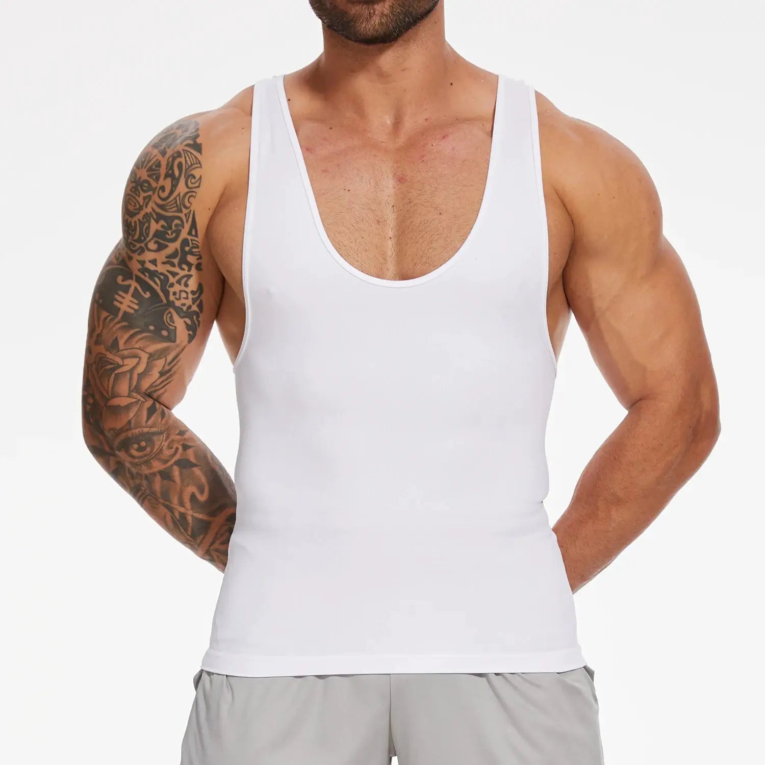 White men's shapewear tank top with compression panels for tummy control; form-fitting body shaper
