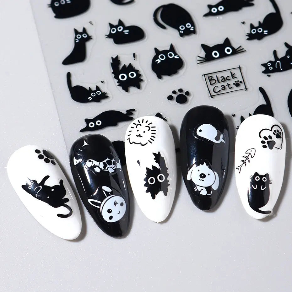 Black cat nail stickers 3D self-adhesive decals on clear sheet for manicure by Simples Market
