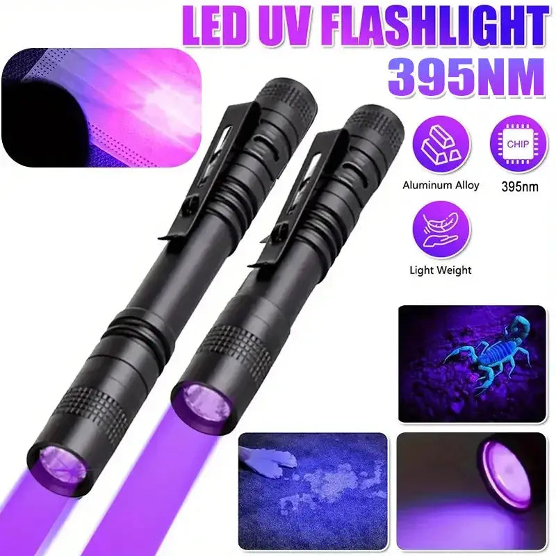 Simples Market 395nm UV flashlight pair with pocket clips, black, AAA powered