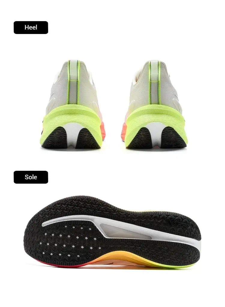 Pair of Xtep 2000km 3.0 men's running shoes; neon lime heel, gray upper, black outsole with white midsole