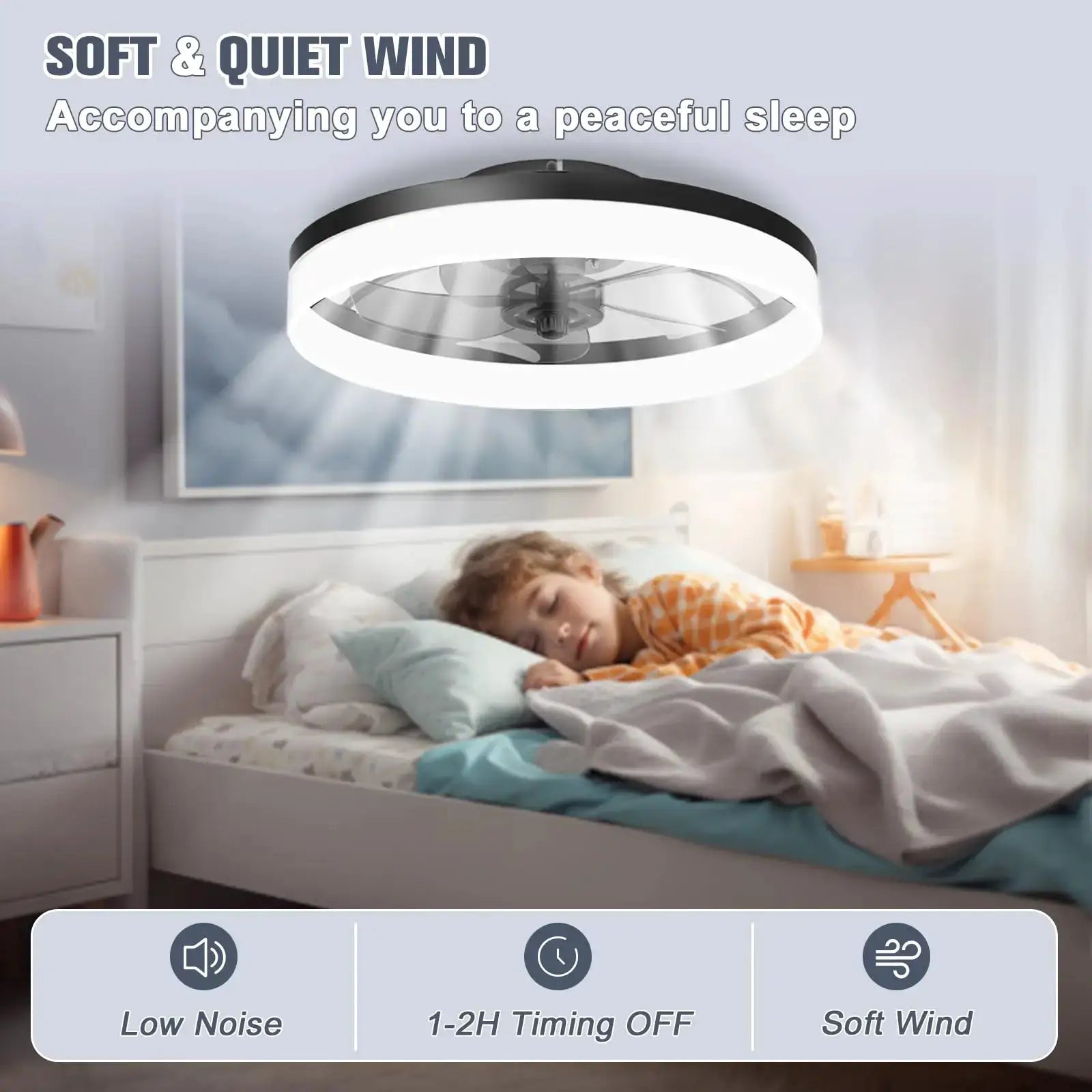LED ceiling fan light by Simples Market, white ring LED, remote control, infinite dimming, 6 wind speeds