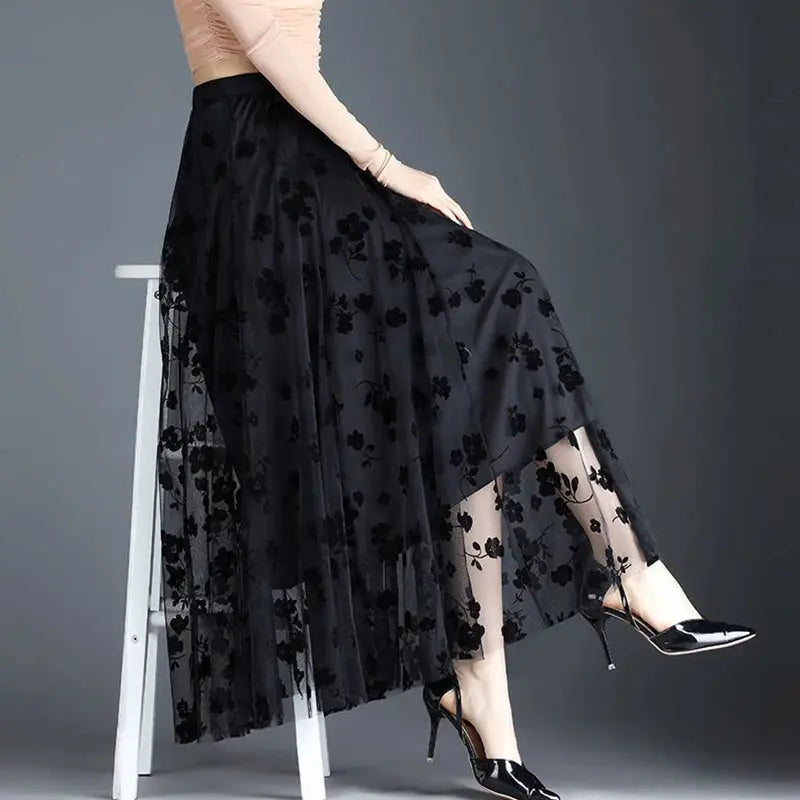 Black floral lace tulle midi skirt with sheer mesh overlay