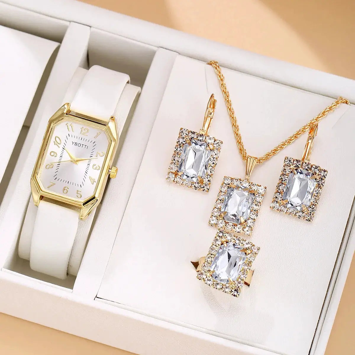 LuxeCharm Square Women Watches Set Leather Strap Quartz Timepieces Five Piece Jewelry Gift Set