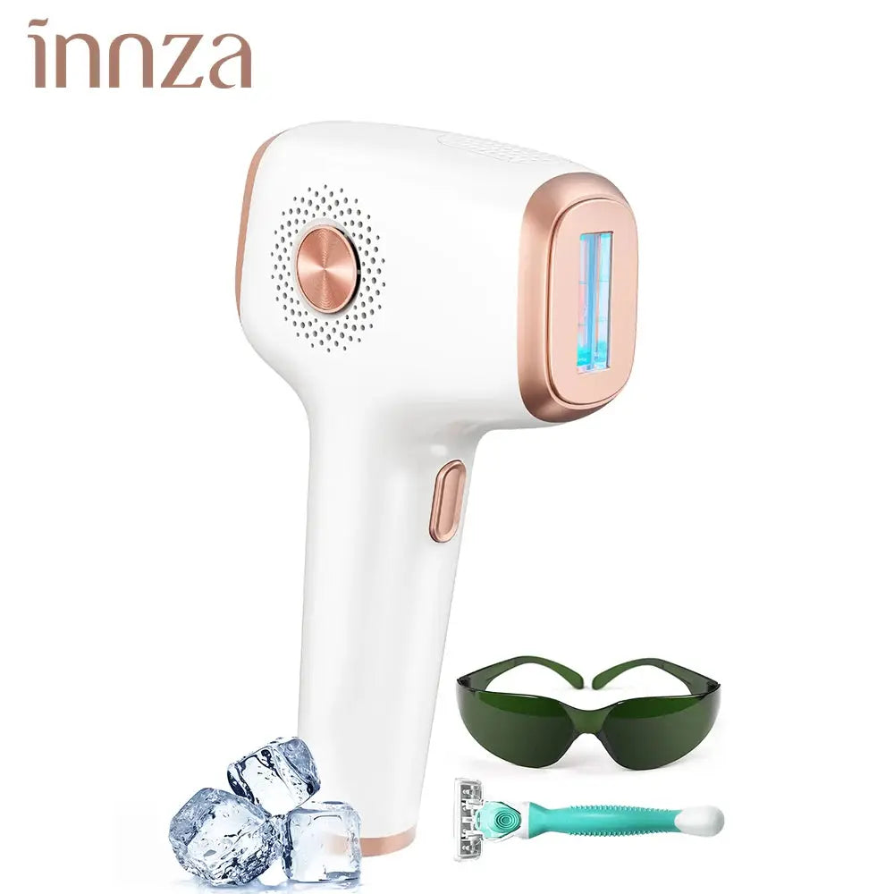 INNZA IPL hair removal device with ice cooling, white and rose-gold finish, with protective goggles