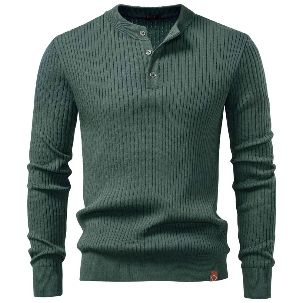 Men's ribbed knit long-sleeve polo shirt with button placket in dark green