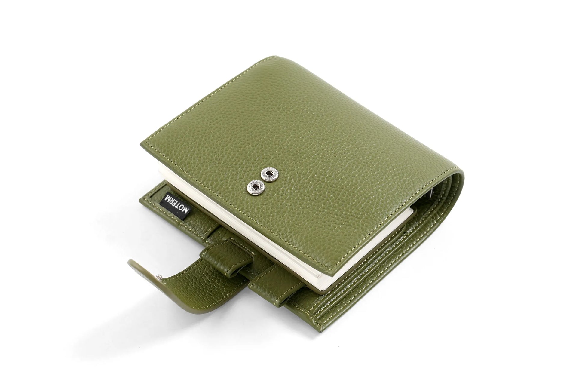 Moterm Luxe 2.0 pocket-size planner in olive pebbled leather with 30mm rings; Simples Market.