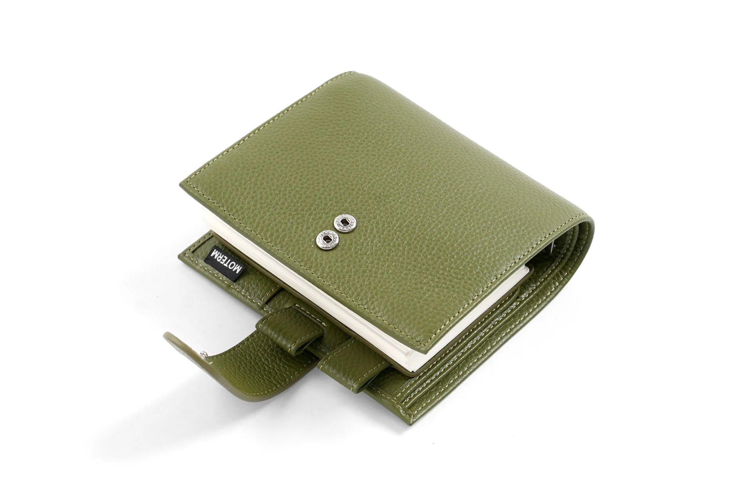 Moterm Luxe 2.0 pocket-size planner in olive pebbled leather with 30mm rings; Simples Market.