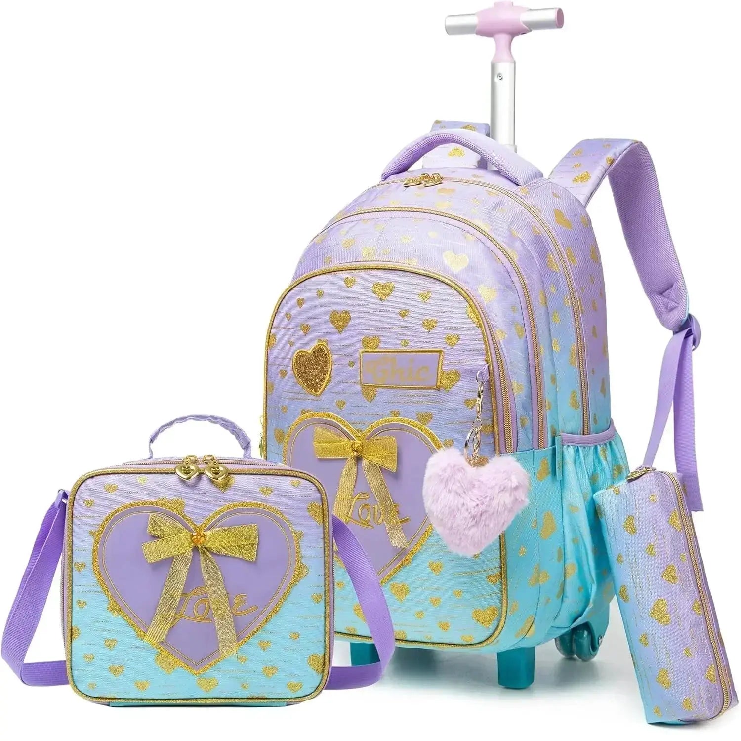 2-piece children's wheeled backpack set with lunch box, pastel lavender with gold hearts, Simples Market