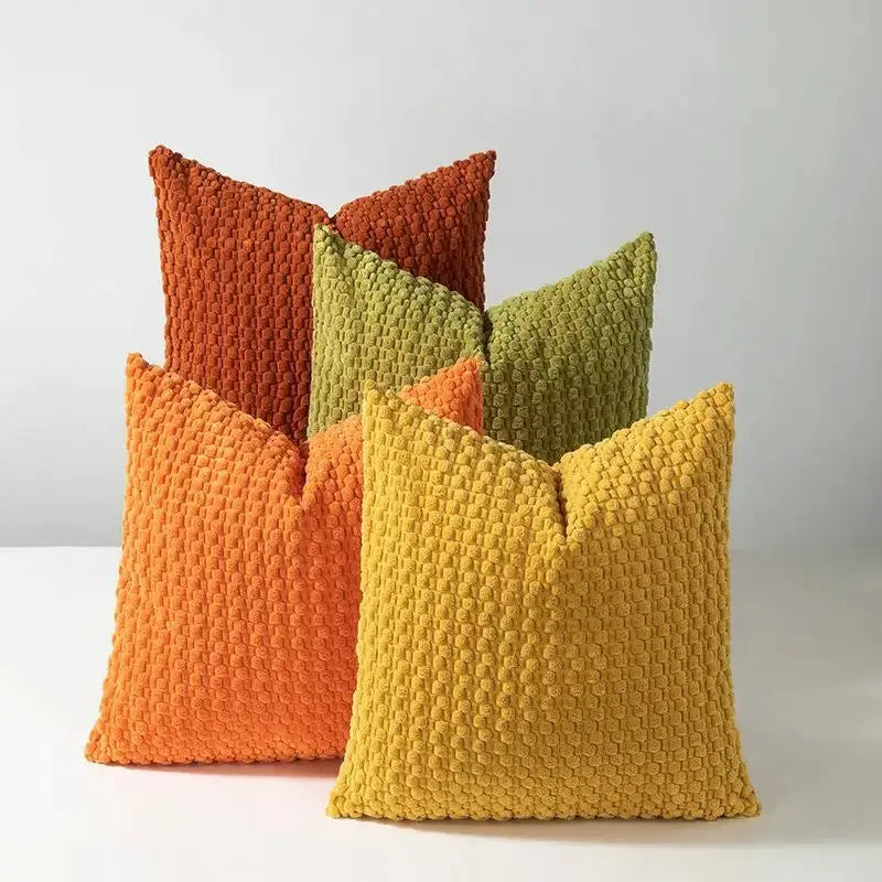 Simples Market soft velvet cushions set; double-sided design in orange, yellow, and olive green (5 cushions)