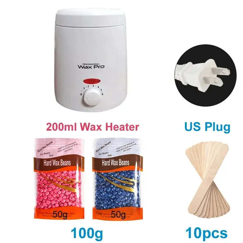 Wax heater 200ml by Simples Market with US plug, includes two 50g hard wax beans and 10 spatulas