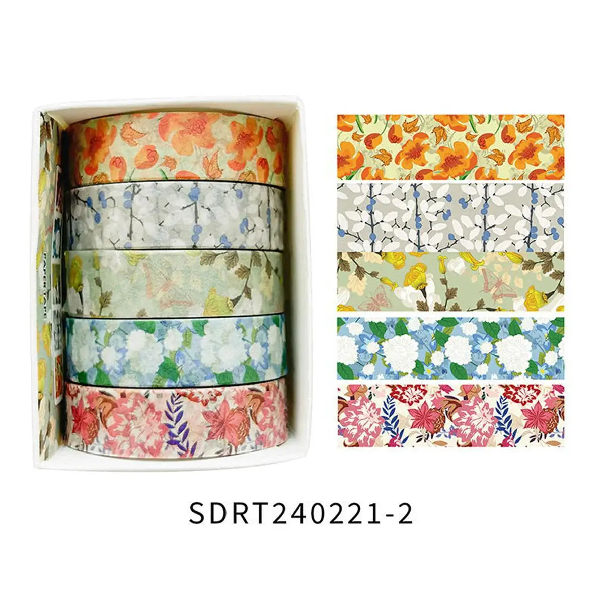 Simples Market floral washi tape set, 5 boxed rolls with colorful romantic flower patterns.