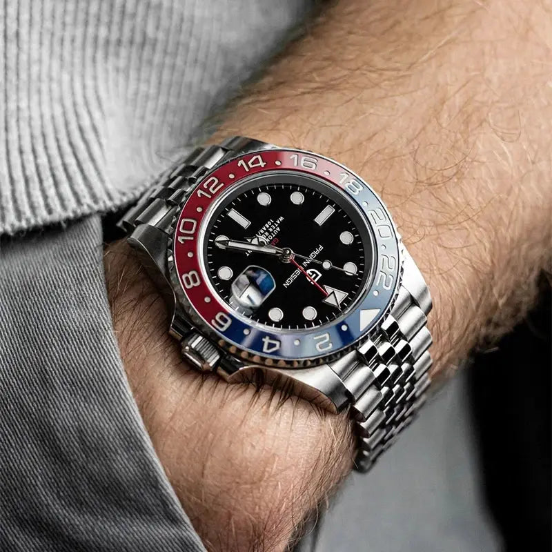 PAGANI DESIGN V3 GMT watch with black dial, red/blue bezel, 40mm stainless steel bracelet