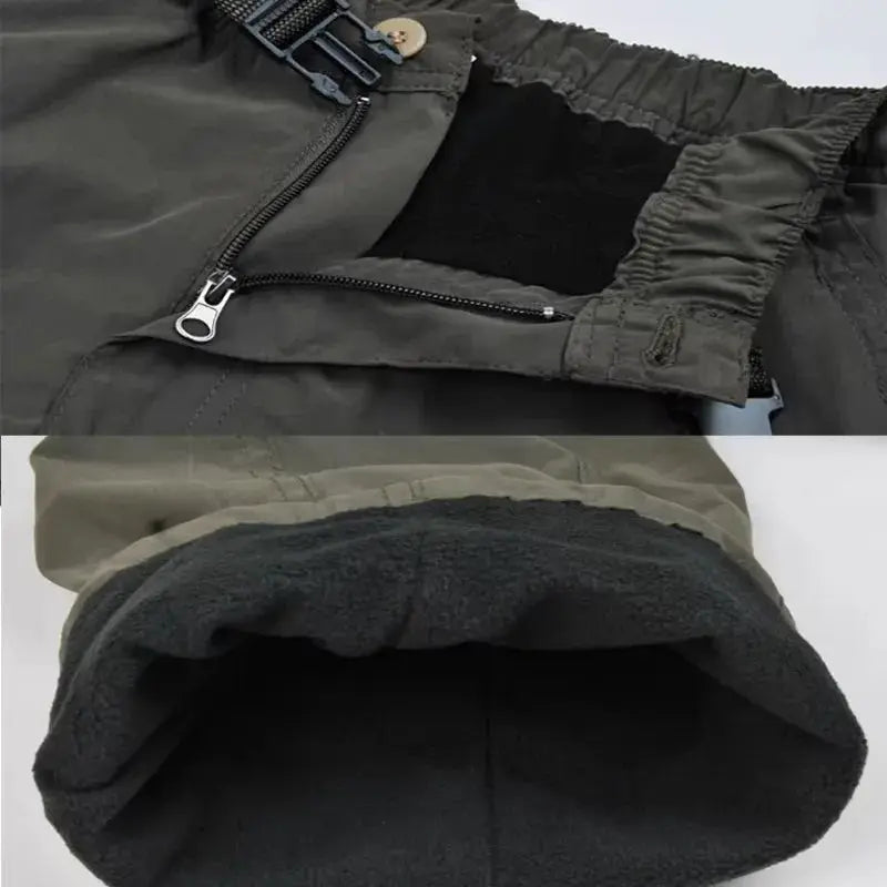 Men's fleece cargo pants by Simples Market; plush-lined, two-color set (black and olive), two pairs.