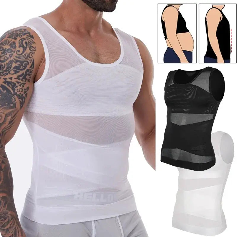 Men's slimming body shaper vest; sleeveless mesh compression shirts, 3-piece set in white and black by Simples Market