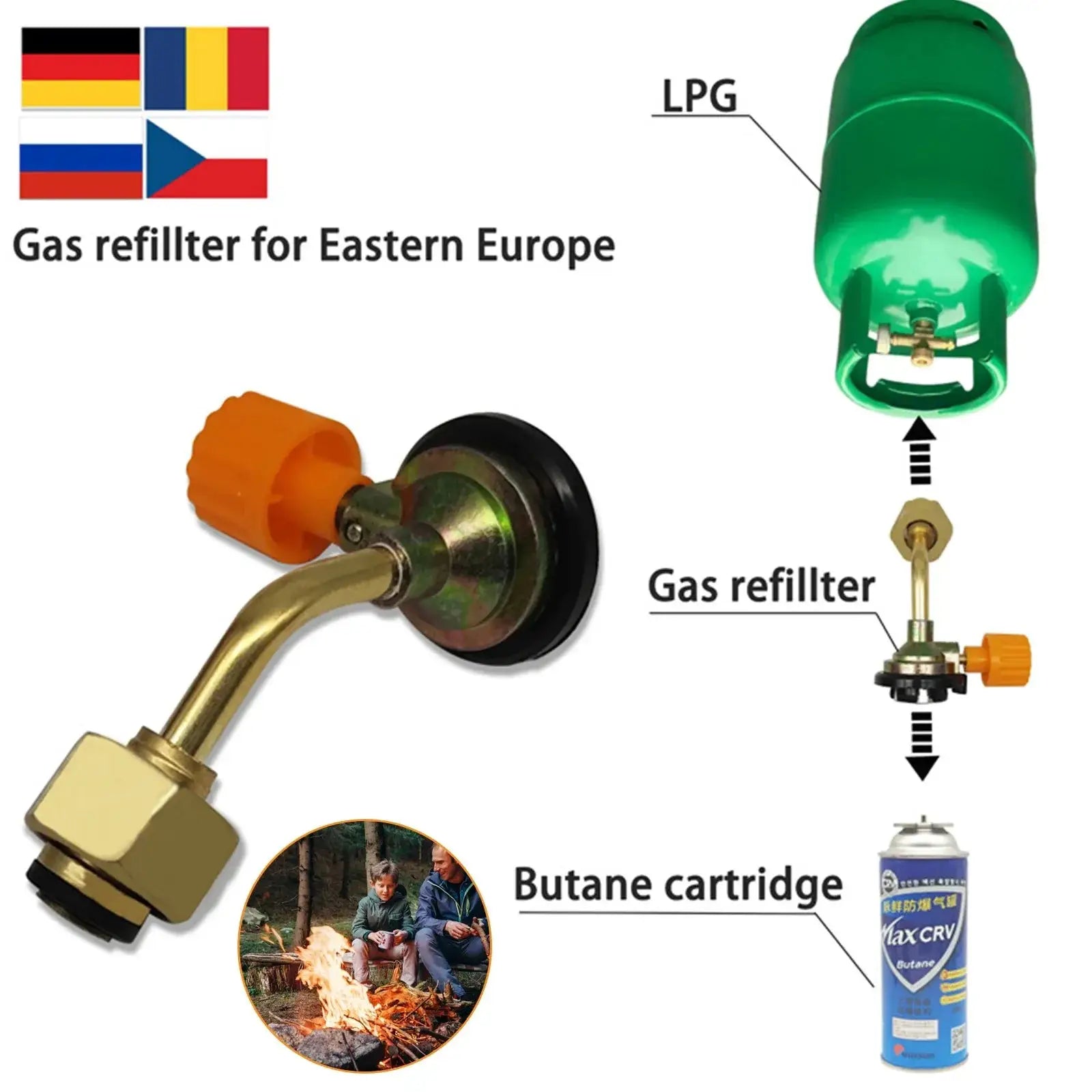 Valve braided hose gas refill adapter kit with rubber hose and brass fittings, orange knob for LPG tanks