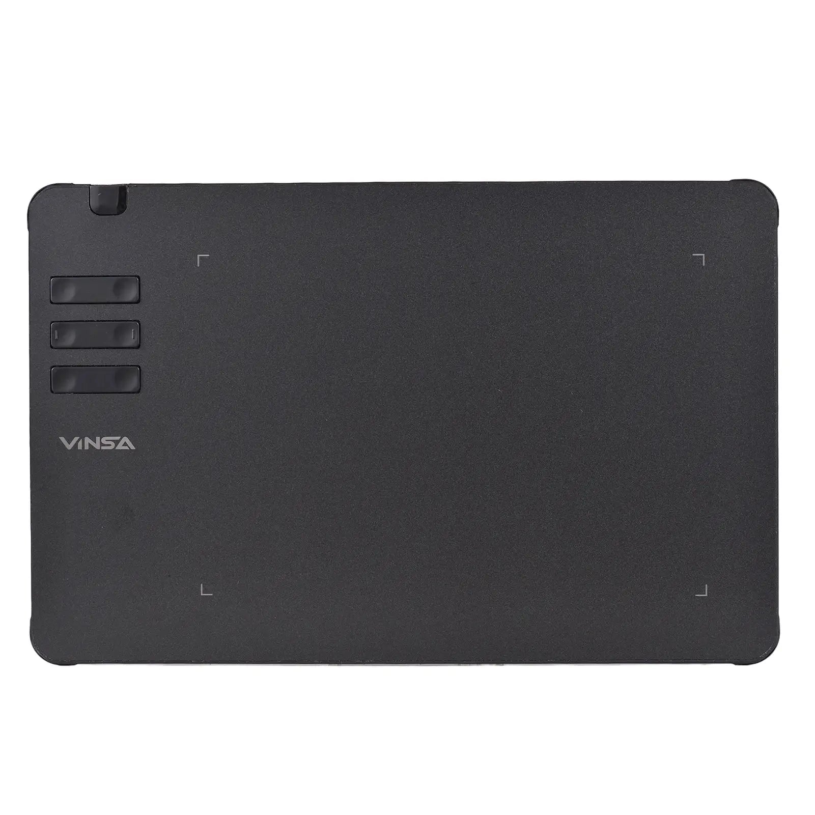 VINSA T1161 graphics drawing tablet back view, black with four shortcut buttons and VINSA logo