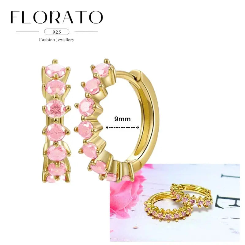 Hoop earrings Florato: 925 sterling silver with pink zircon stones, gold-tone finish, 9mm hoops (pair)