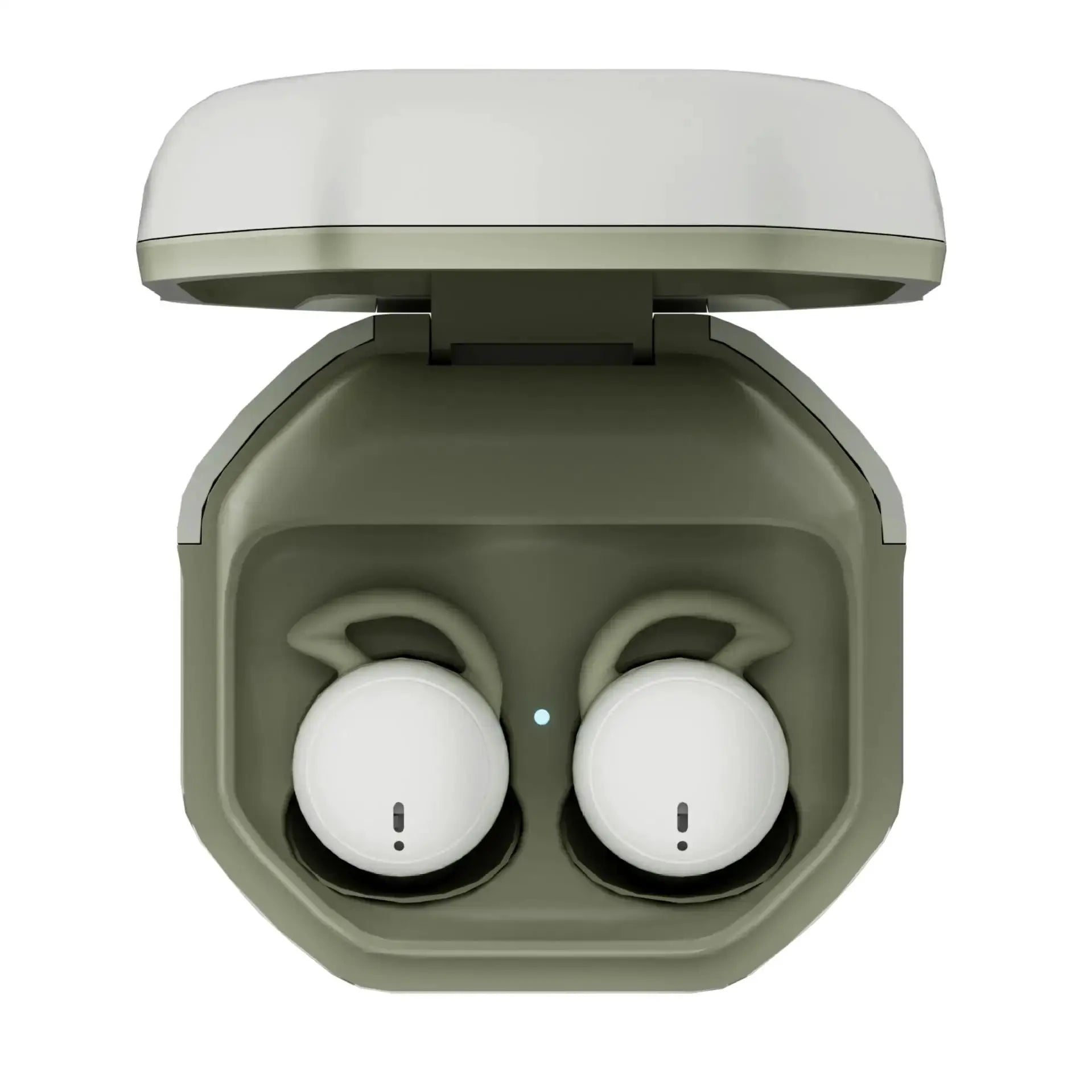 Bluetooth Earbuds in olive-green charging case with two white wireless sleep earphones