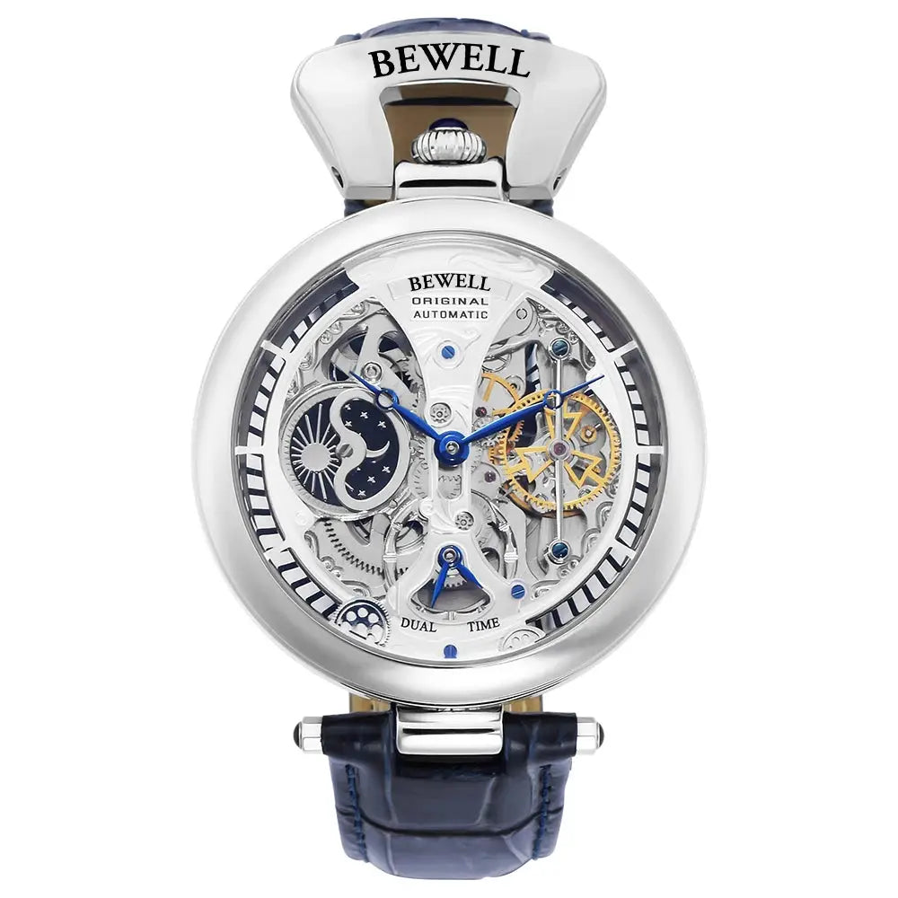 Automatic skeleton watch from BEWELL with blue genuine leather strap and stainless steel case.
