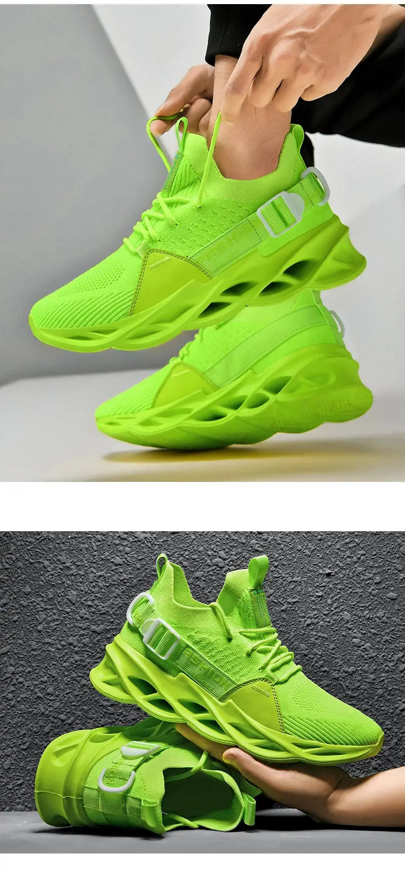Men's neon green mesh sneakers pair with breathable upper and thick sole by Simples Market