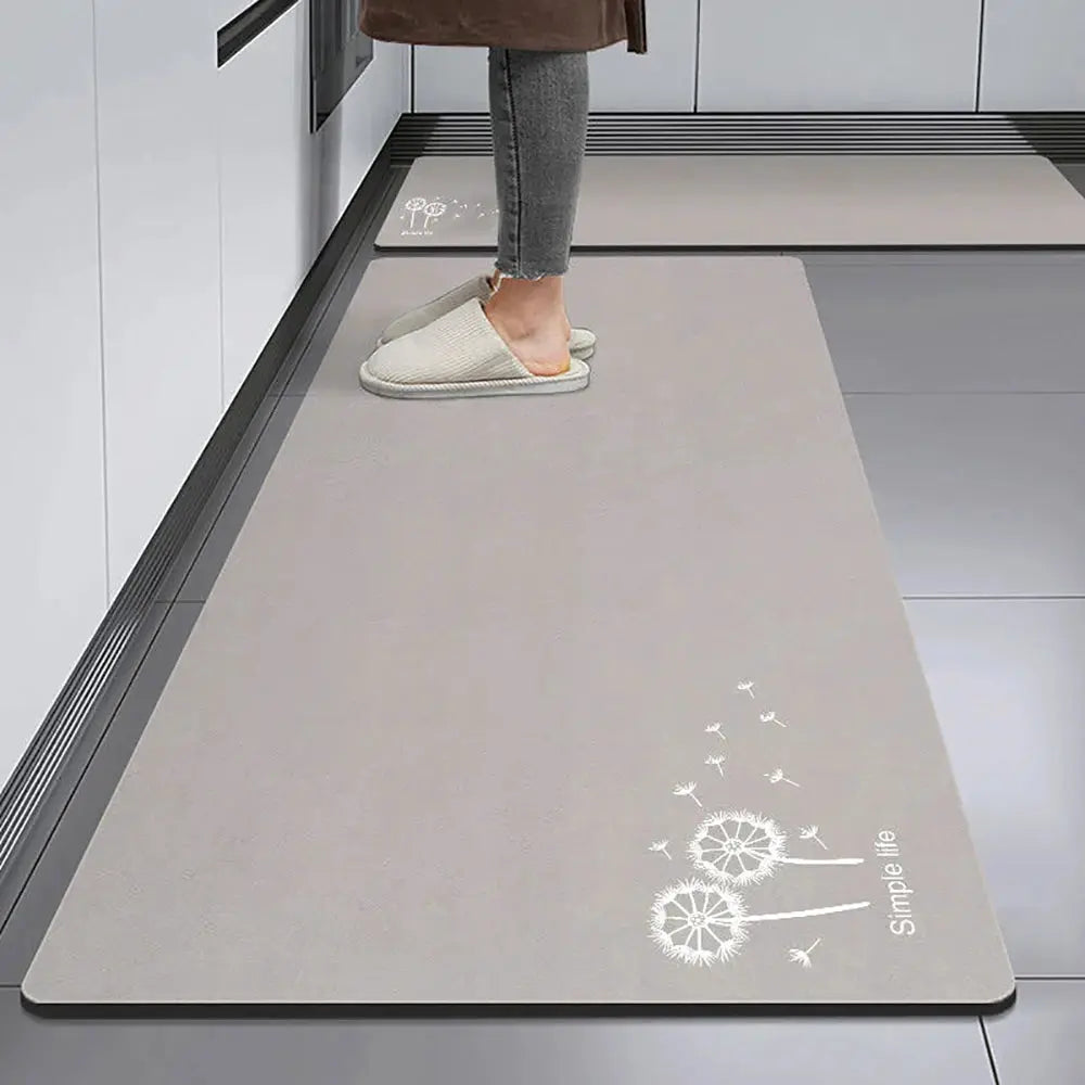 Non-slip kitchen mat; beige crystal-velvet long runner with white dandelion graphic.