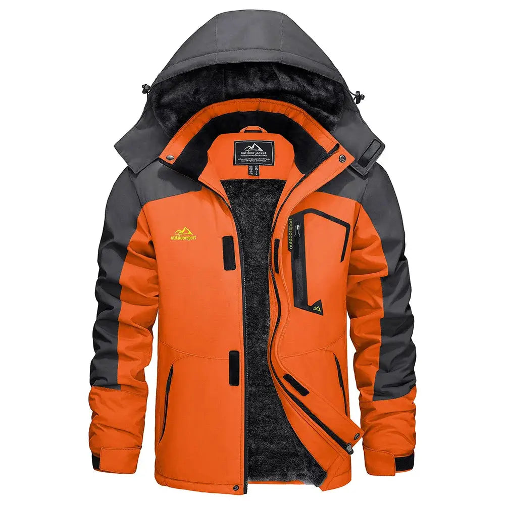 Men's orange and gray waterproof hooded ski jacket with fleece lining and outdoorsport logo
