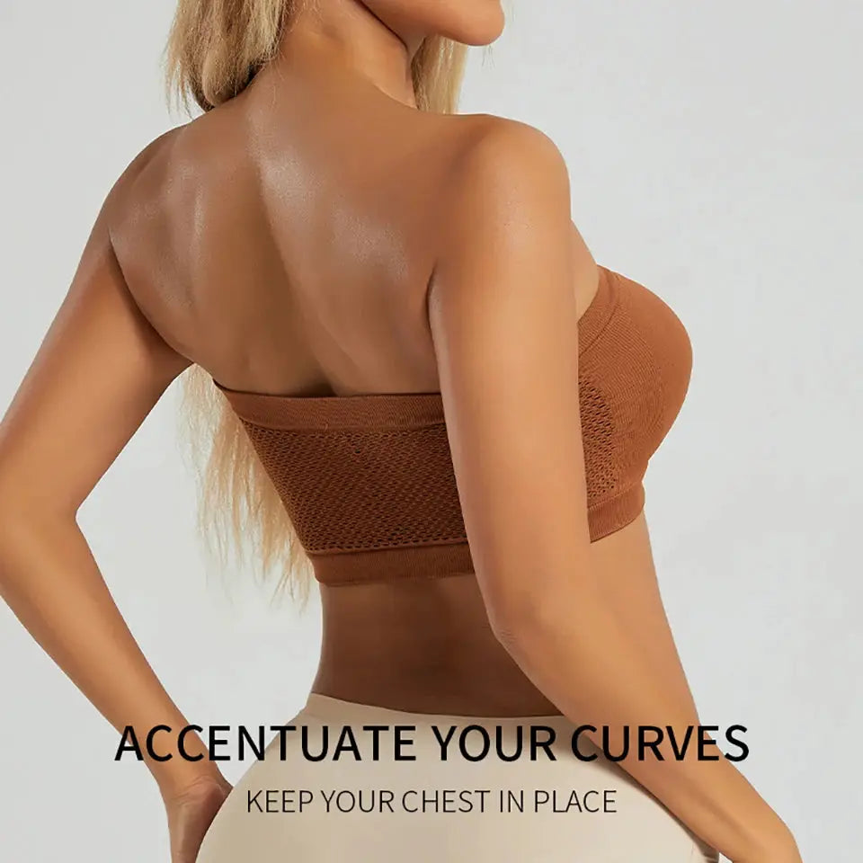 Simples Market women's plus-size strapless bandeau bra in brown, seamless wireless bralette with mesh panel