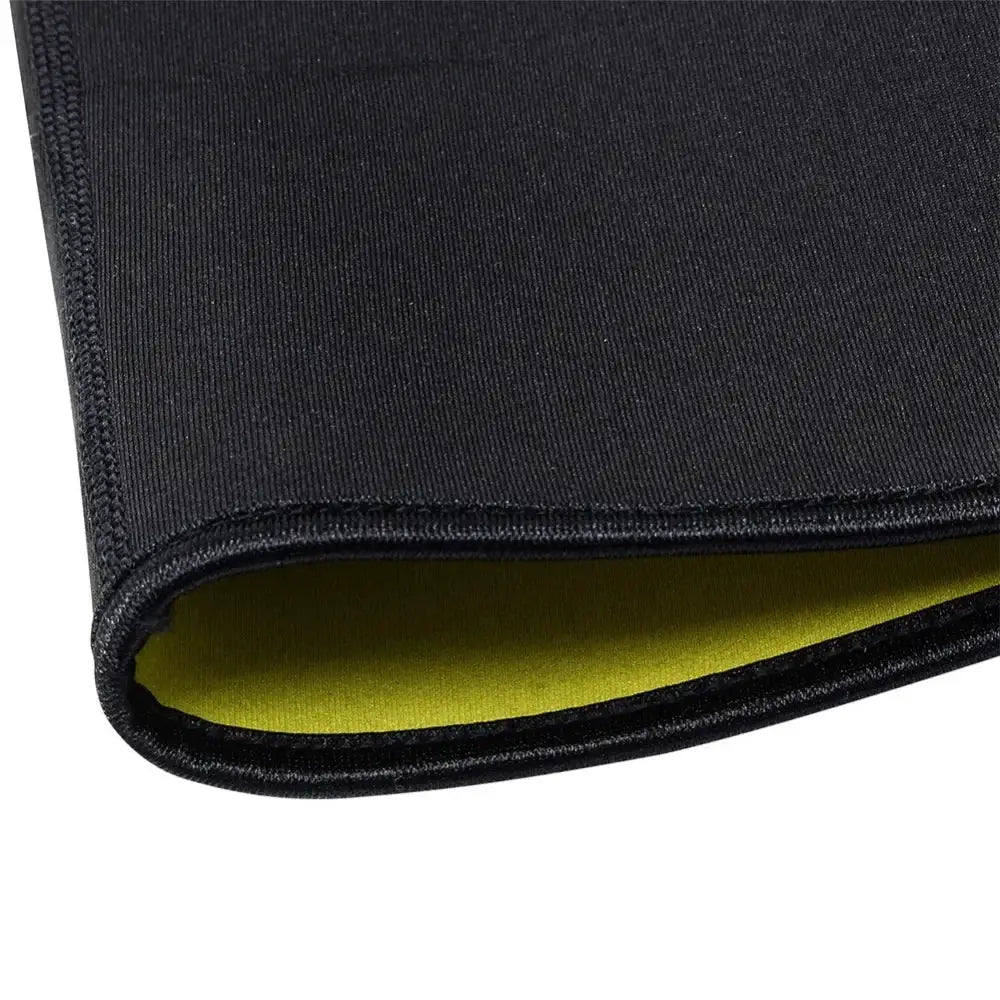 Men's waist trainer shapewear belt, black exterior with yellow inner lining.