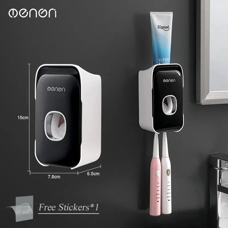 Mengni wall-mounted toothpaste dispenser with toothbrush holder; two units shown, black front panels on white bodies.