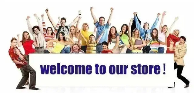 Group of diverse shoppers around a store banner reading welcome to our store!